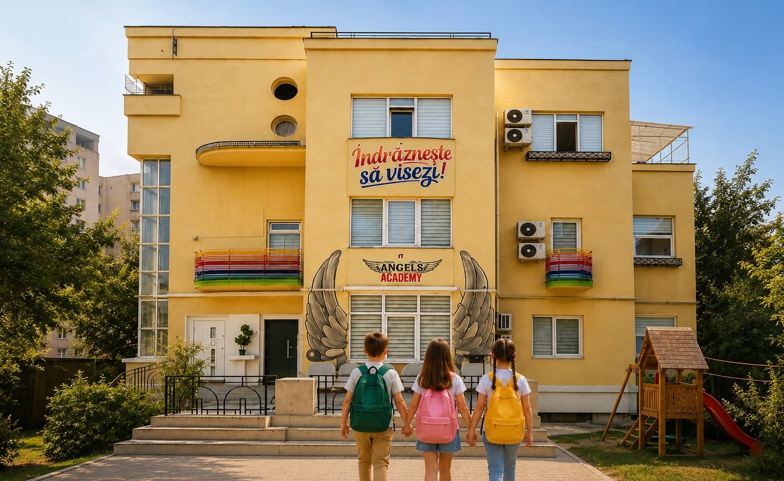 Trei copii cu ghiozdane în fața clădirii Angels Academy, cu murala „Îndrăznește să visezi!”